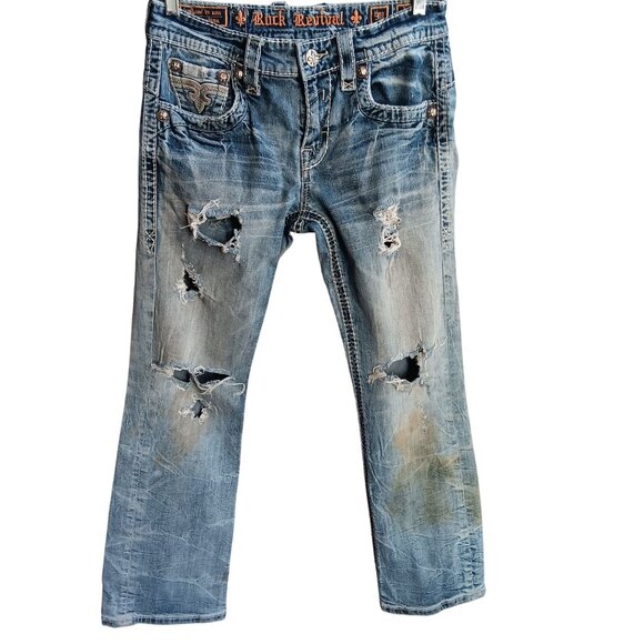 sz 30 Rock Revival Distressed Denim Jeans Feeney Boot Bootcut Trashed - Picture 3 of 12